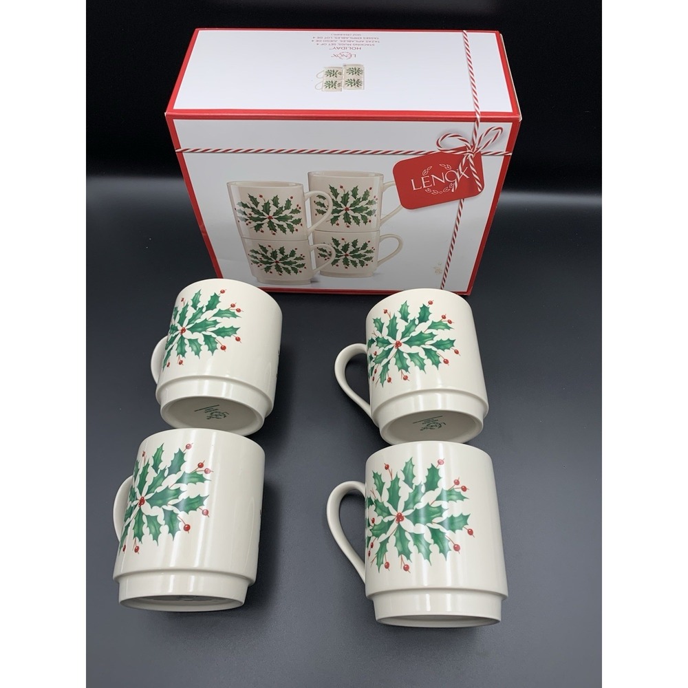 LENOX MUGS Holiday Pattern Stacking Stackable Mugs 1 Christmas Holly Set of 4